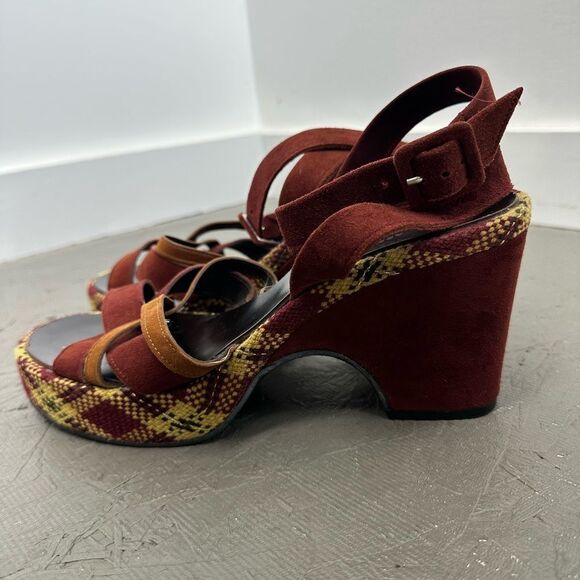 Robert Clergerie Burgundy Red Suede Plaid Platform Strappy Heel Sandals Size 39 - Picture 4 of 11